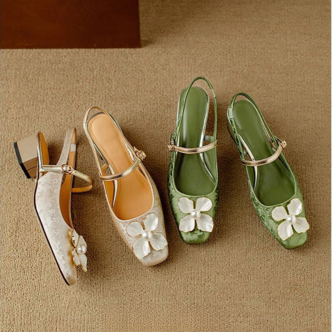 Women's Floral Slingback Square Toe Block Heel Pumps