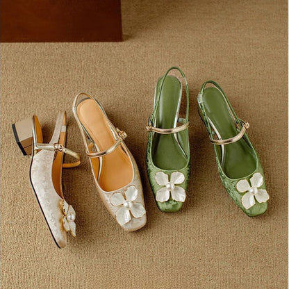 Women's Floral Slingback Square Toe Block Heel Pumps