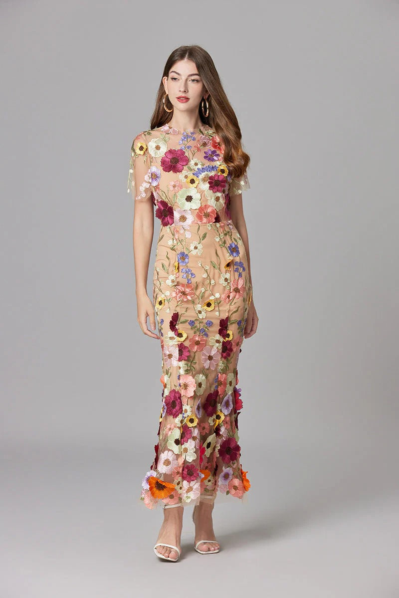 Women's Floral Appliqué Summer Gala Maxi Dress