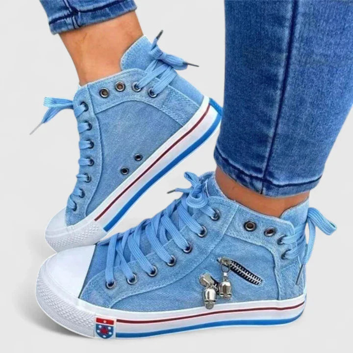 Women's Denim High Top Lace-Up Zip Sneakers