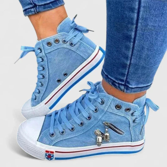 Women's Denim High Top Lace-Up Zip Sneakers