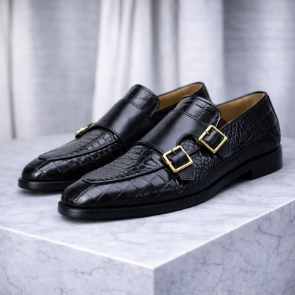 Ferrino Croc-Embossed Italian Leather Monk Strap Orthopedic Shoes