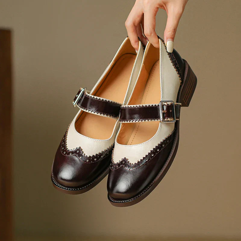 Women's Two-Tone Leather Mary Jane Brogue T-Strap Shoes