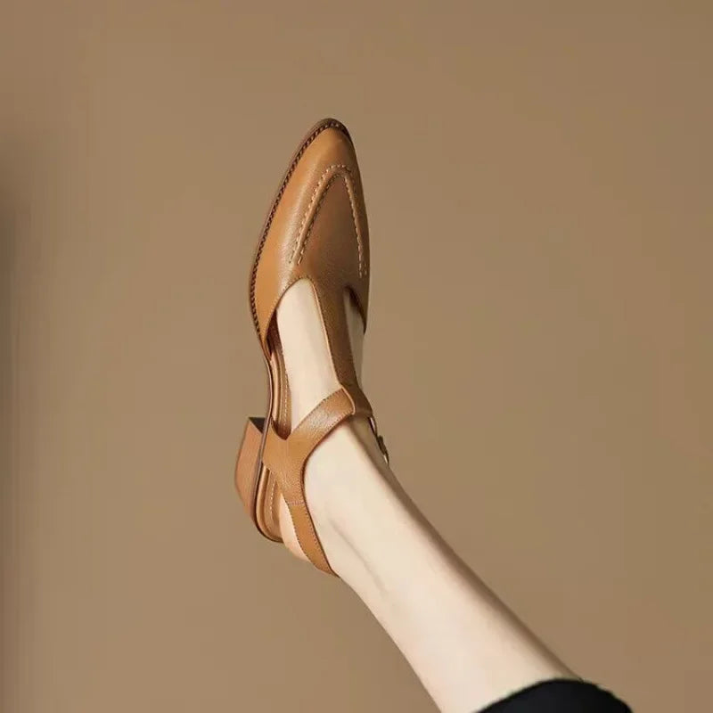 Women's T-Strap Buckle Shoes Pointed Toe Low Heel