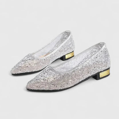Women's Lace Pointed Toe Flats Low Block Heel