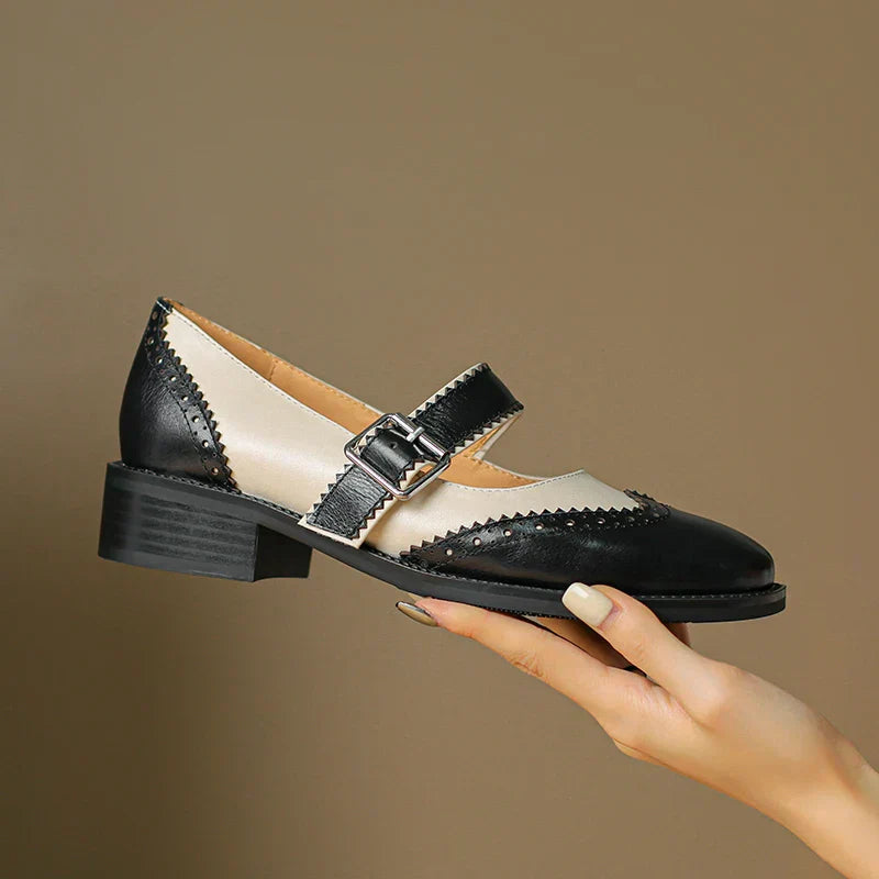 Women's Two-Tone Leather Mary Jane Brogue T-Strap Shoes