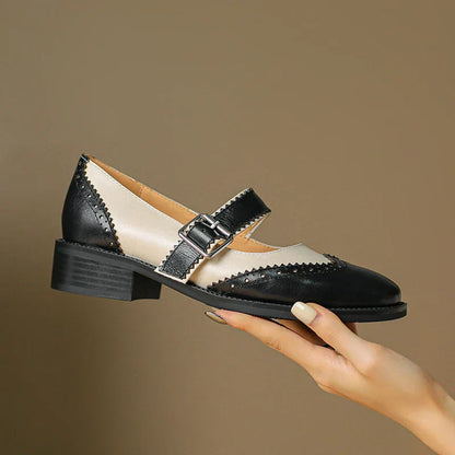 Women's Two-Tone Leather Mary Jane Brogue T-Strap Shoes
