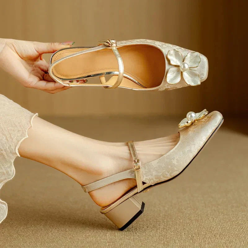 Women's Floral Slingback Square Toe Block Heel Pumps