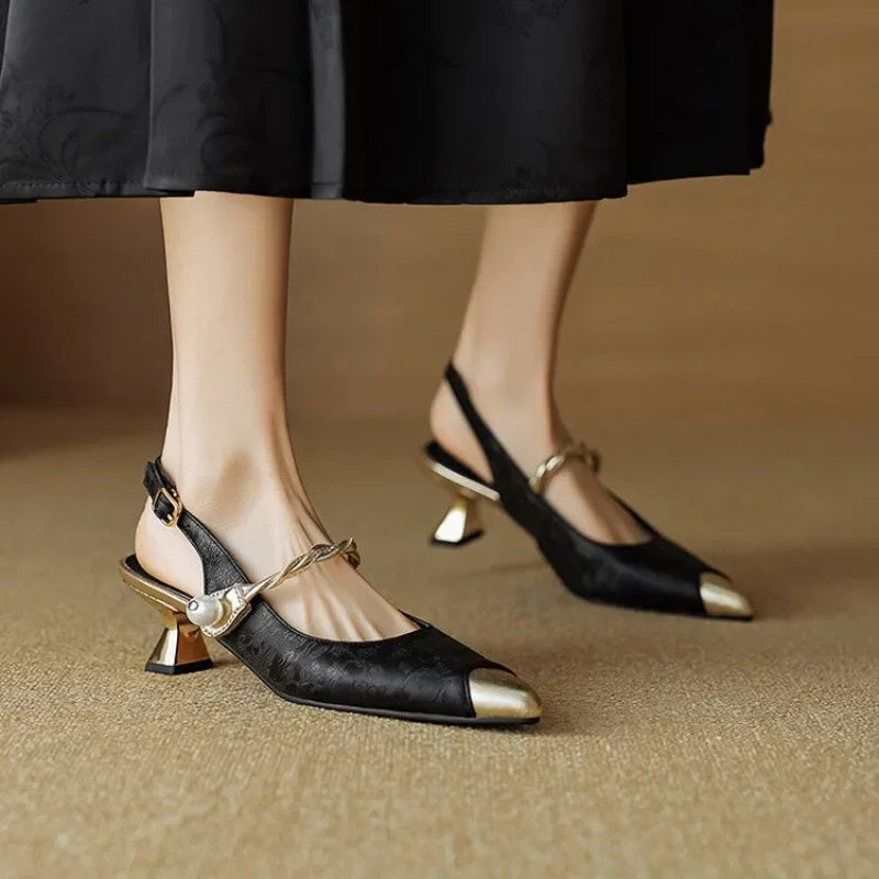 Women's Pearl Slingback Kitten Heel Pointed Toe Pumps