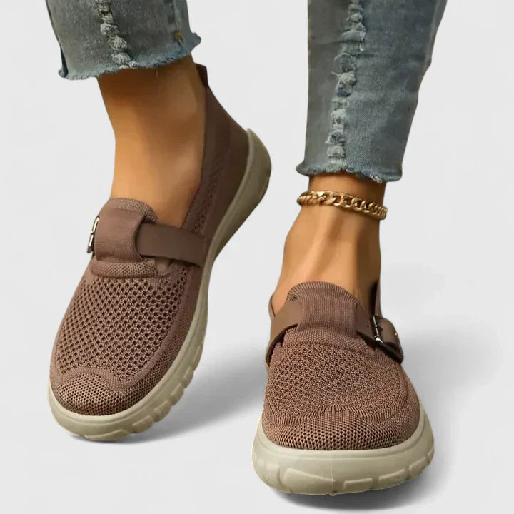 Women's Mesh Slip-On Sneakers with Buckle Strap