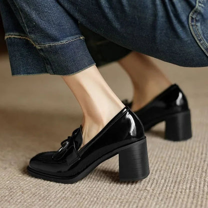Women's Tassel Block Heel Loafer Pumps Round Toe
