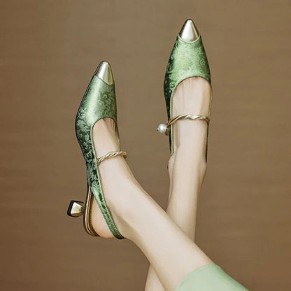 Women's Pearl Slingback Kitten Heel Pointed Toe Pumps