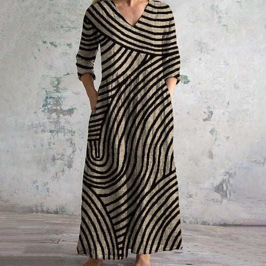 Women's Vintage Striped Casual Midi Dress