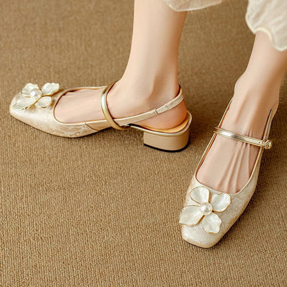 Women's Floral Slingback Square Toe Block Heel Pumps