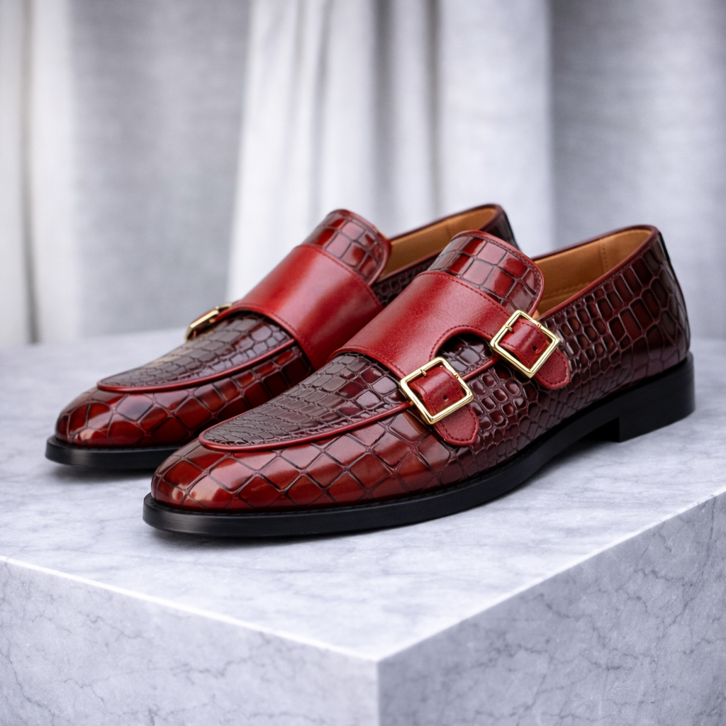 Ferrino Croc-Embossed Italian Leather Monk Strap Orthopedic Shoes