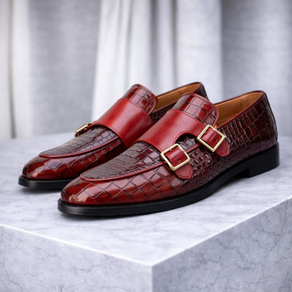 Ferrino Croc-Embossed Italian Leather Monk Strap Orthopedic Shoes