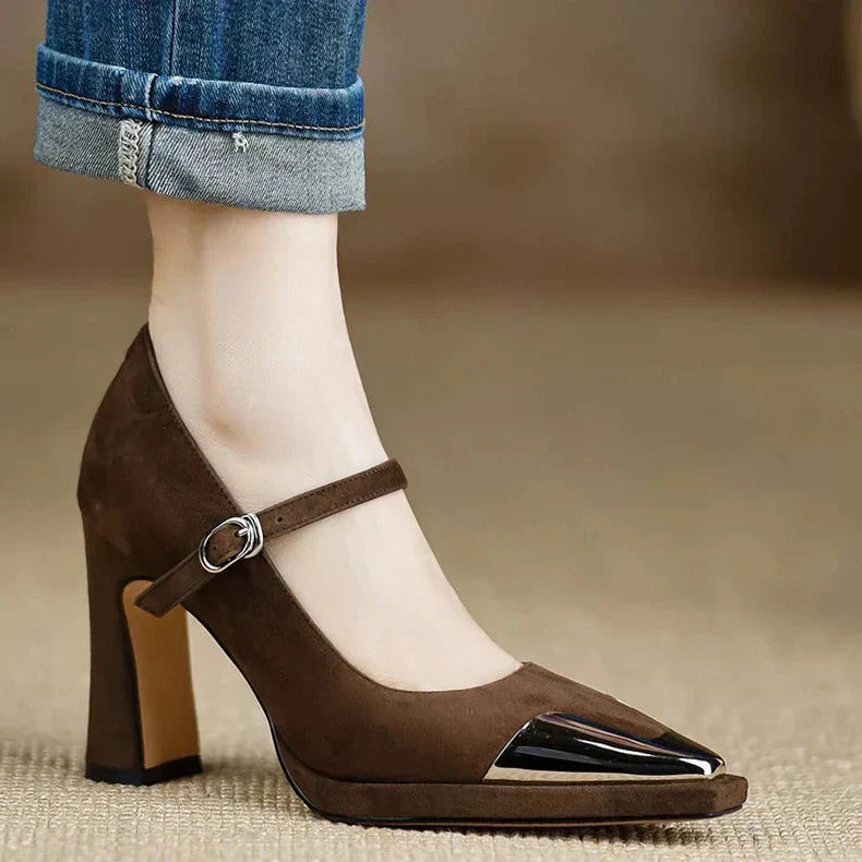 Women's Mary Jane Block Heel Pumps Cap Toe