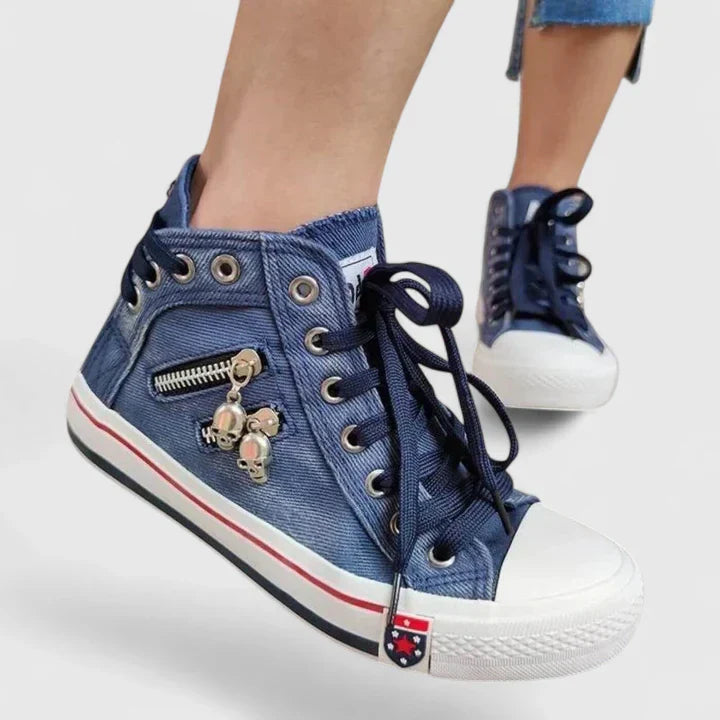 Women's Denim High Top Lace-Up Zip Sneakers