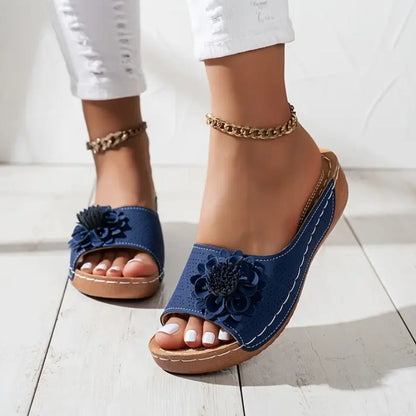 Women's Flower Wedge Slip-On Open Toe Slides