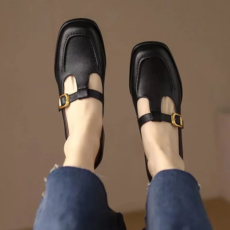 Women's T-Strap Mary Jane Shoes Square Toe Low Block Heel