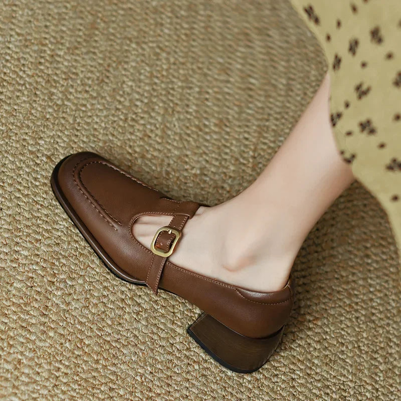 Women's T-Strap Mary Jane Shoes Square Toe Low Block Heel