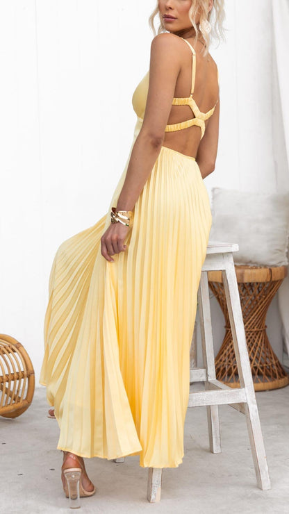 Women's Pleated V-Neck Evening Maxi Dress