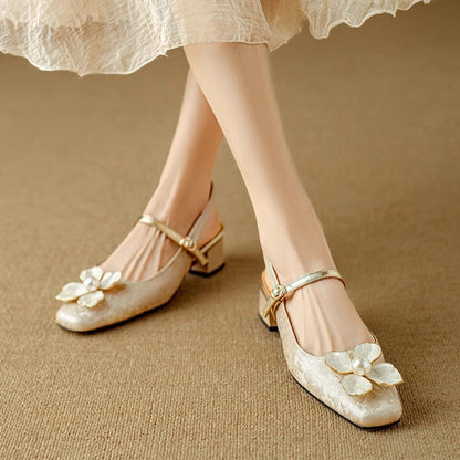 Women's Floral Slingback Square Toe Block Heel Pumps