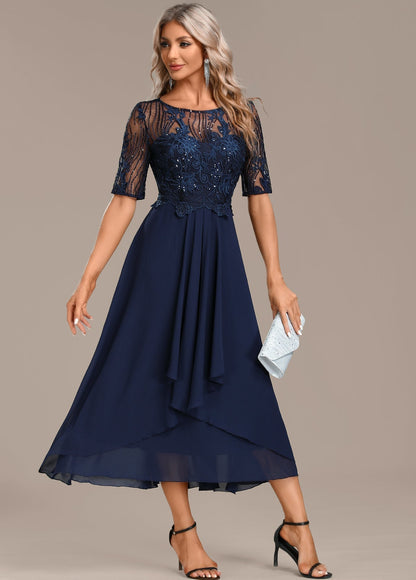 Women's Navy Lace Cocktail Midi Dress
