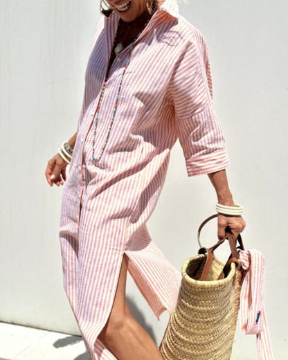 Women's Striped Casual Shirt Midi Dress