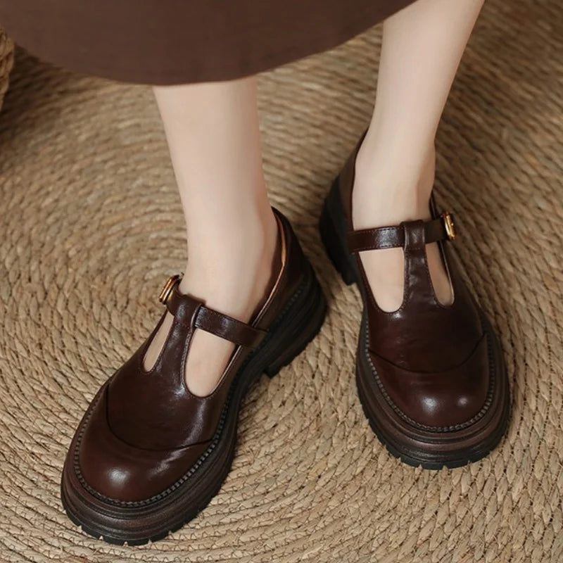 Women's T-Bar Mary Jane Brogue Round Toe Low Heel