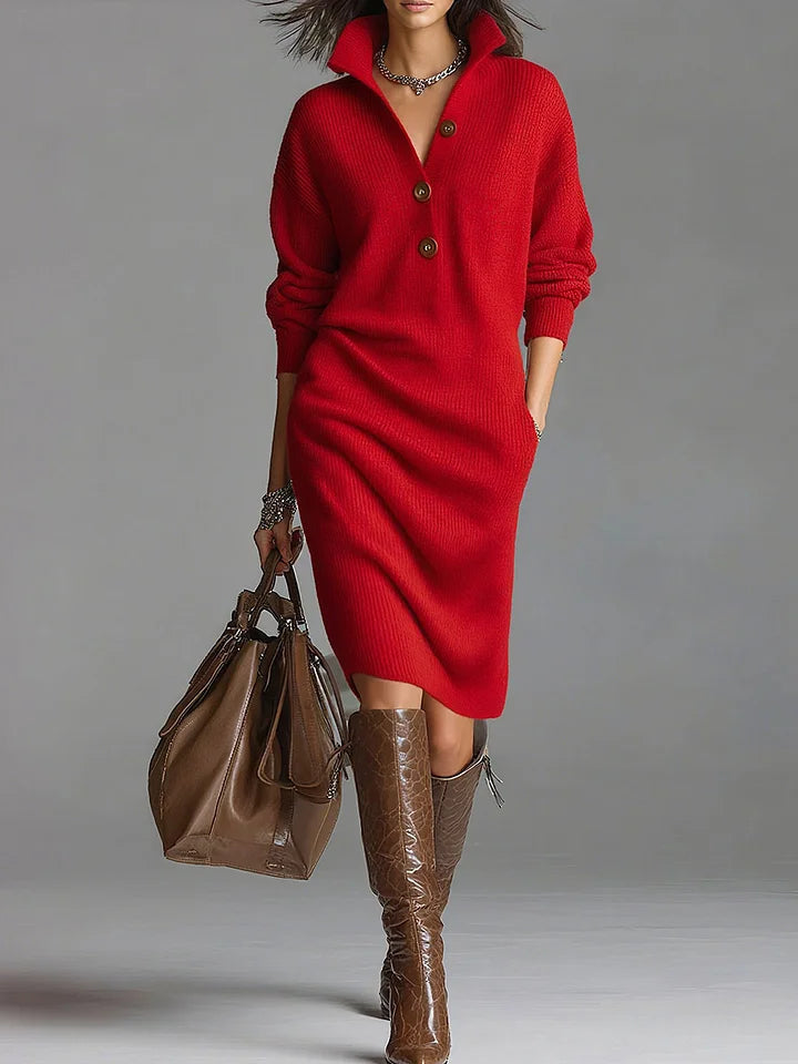 Women's Knit Collar Button Midi Dress