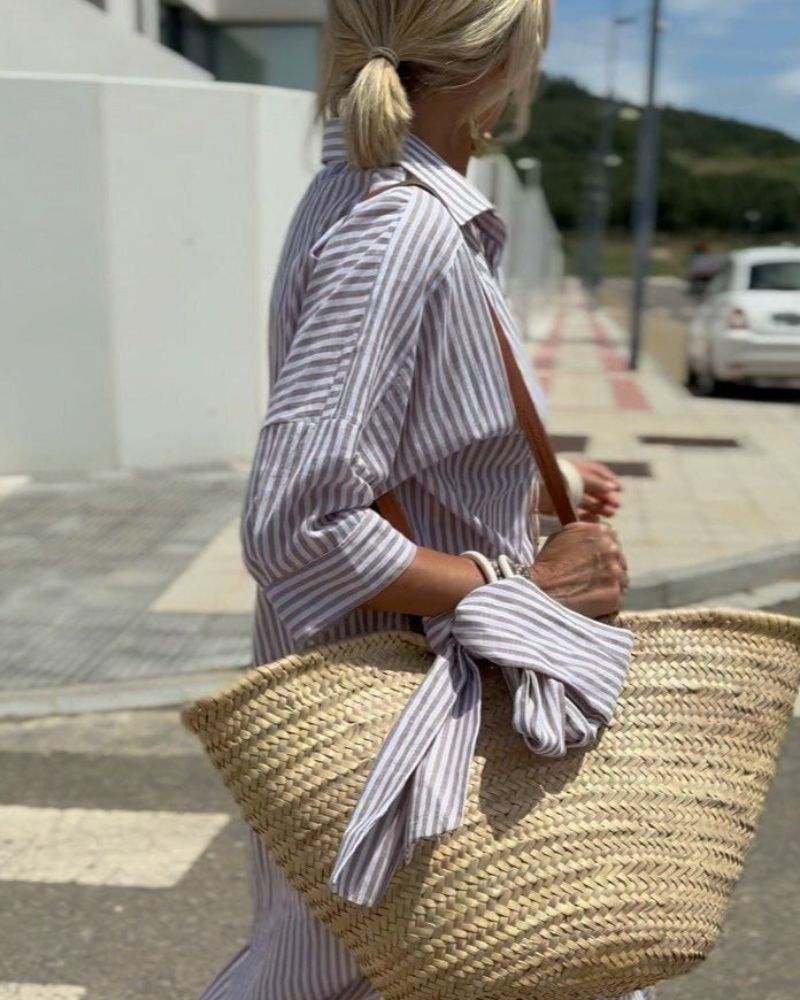 Women's Striped Casual Shirt Midi Dress