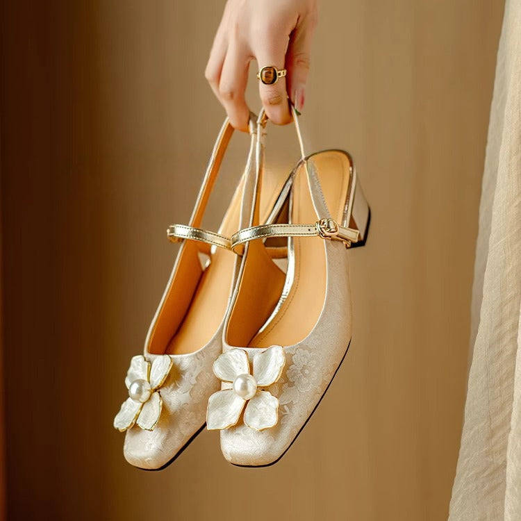 Women's Floral Slingback Square Toe Block Heel Pumps