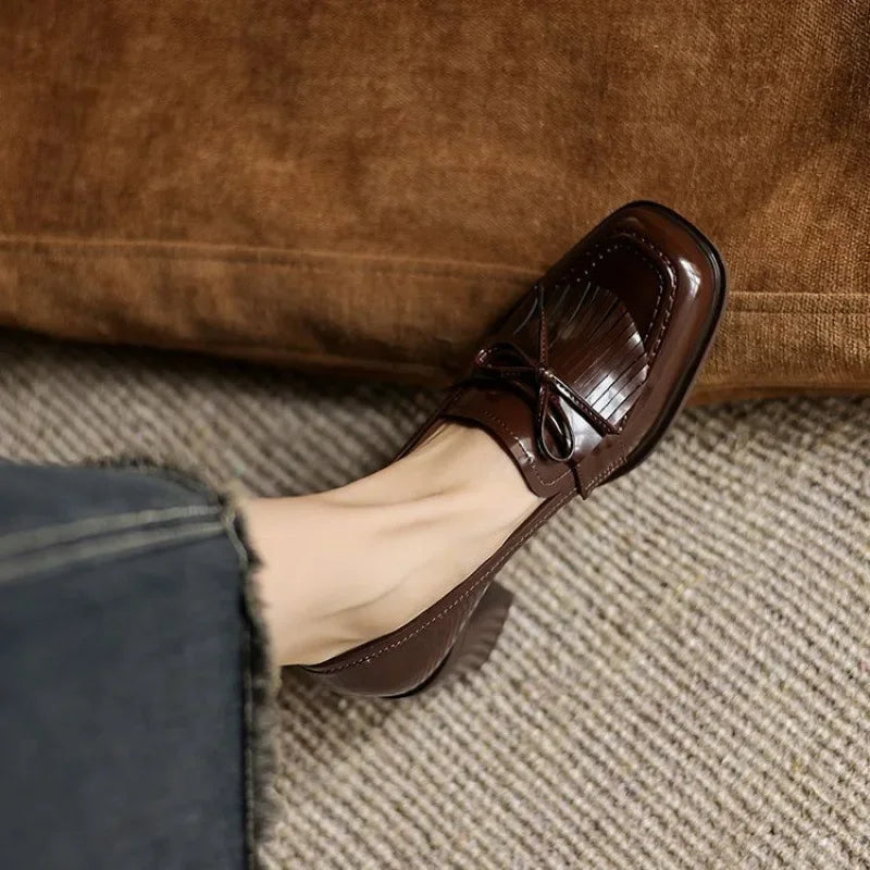 Women's Tassel Block Heel Loafer Pumps Round Toe