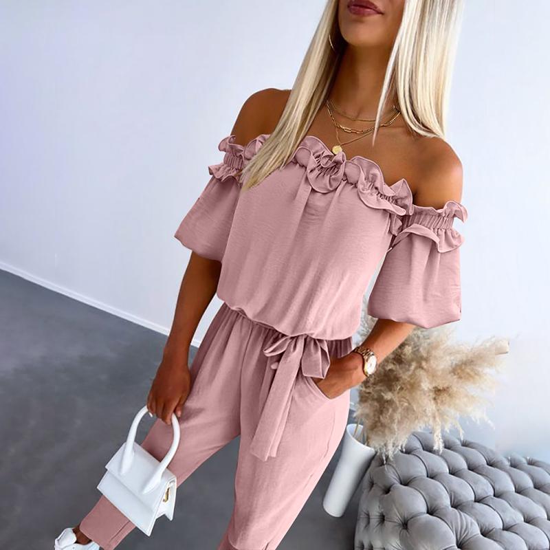 Women's Off-Shoulder Frill Tie-Waist Jumpsuit