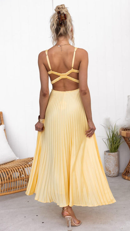 Women's V-Neck Pleated Wedding Guest Maxi Dress