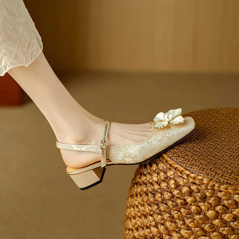 Women's Floral Slingback Square Toe Block Heel Pumps