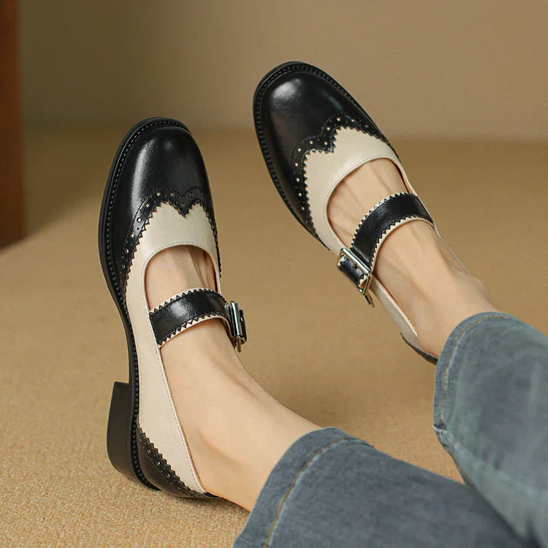 Women's Two-Tone Leather Mary Jane Brogue T-Strap Shoes