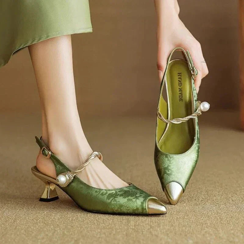 Women's Pearl Slingback Kitten Heel Pointed Toe Pumps