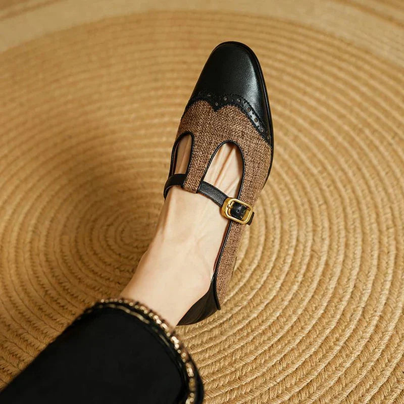 Women's Two-Tone T-Strap Mary Jane Vintage Low Heel