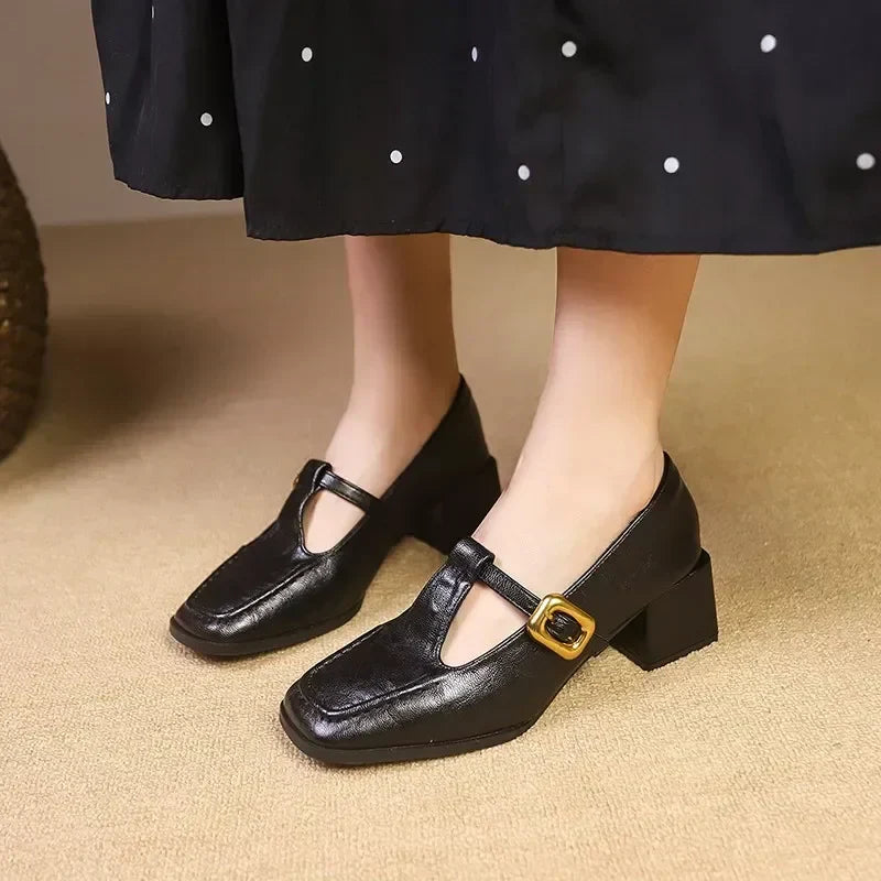 Women's Square Toe Mary Jane Block Heel Gold Buckle