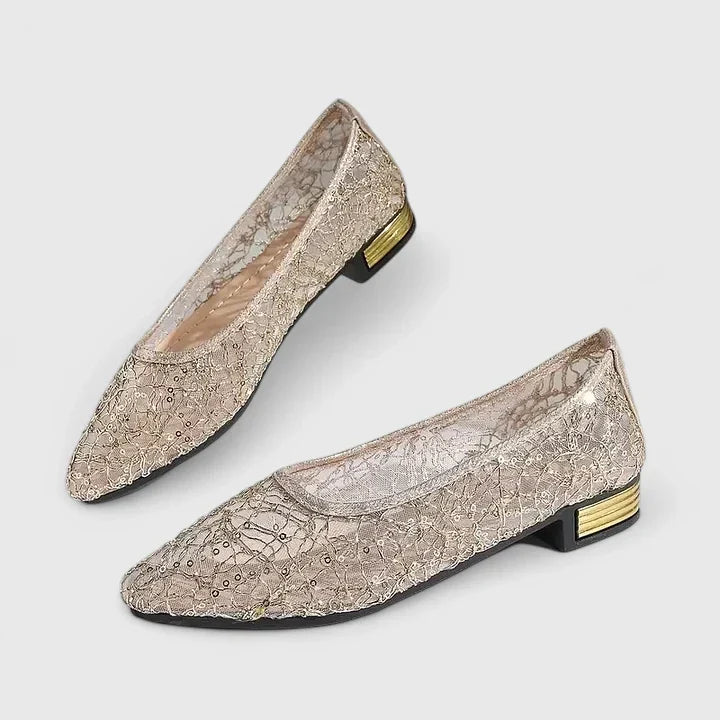 Women's Lace Pointed Toe Flats Low Block Heel