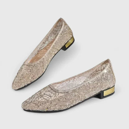 Women's Lace Pointed Toe Flats Low Block Heel