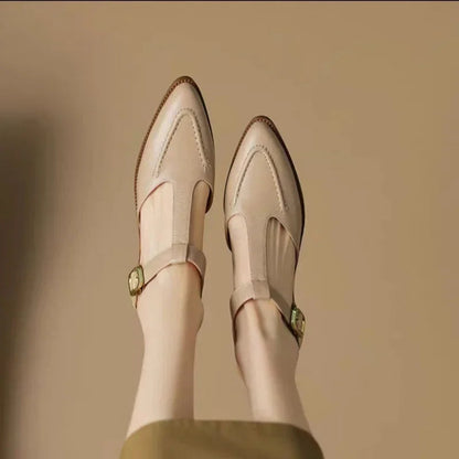Women's T-Strap Buckle Shoes Pointed Toe Low Heel