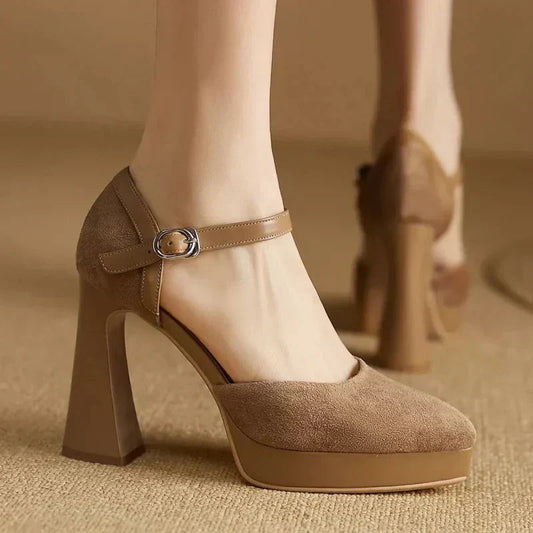 Women's Platform Block Heel Pumps Ankle Strap High Heels