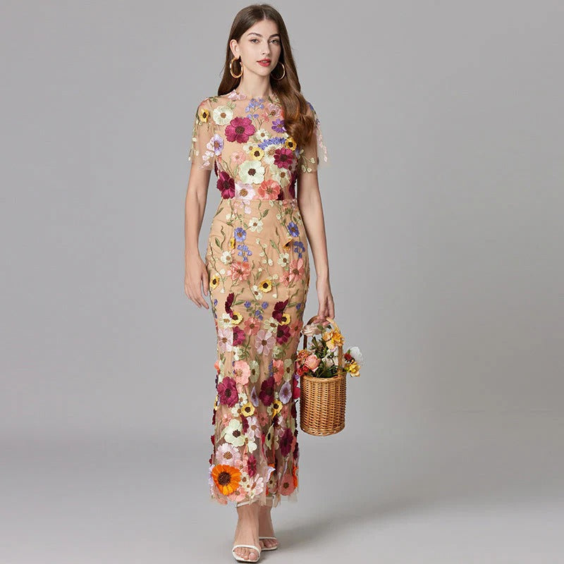 Women's Floral Appliqué Summer Gala Maxi Dress